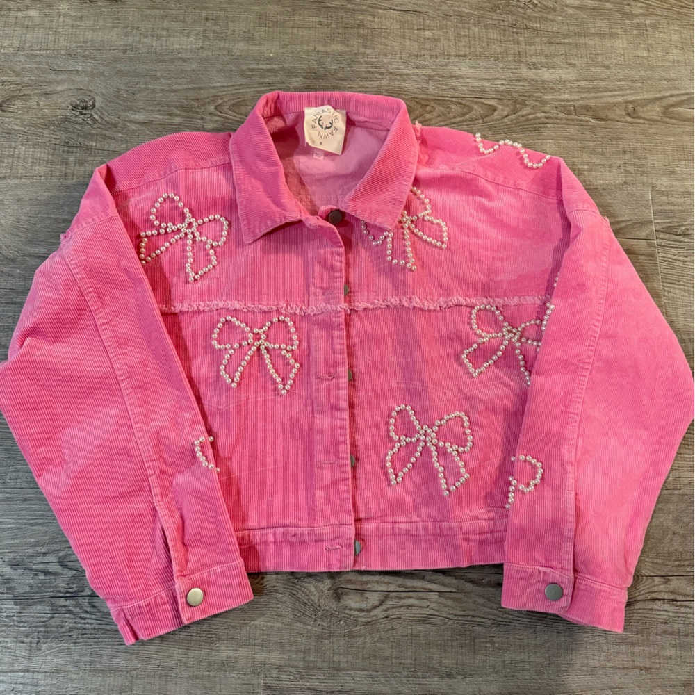 Pink Corduroy Jacket with Pearl bow Embellishments